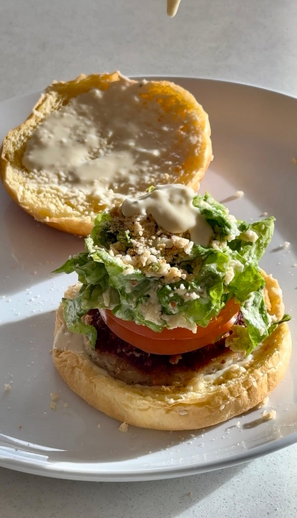 Healthier Chicken Caesar Burger & Sweet Potato Chips