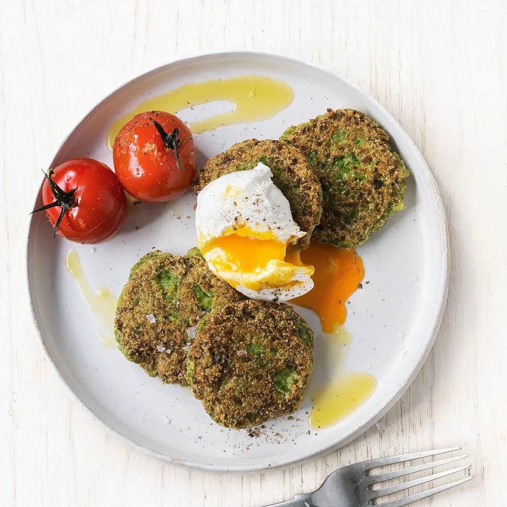 Green Pea & Semolina Fritters with Hard Boiled Eggs
